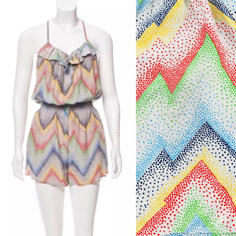 Parker 100% Silk Colorful Dotted Chevron Ruffled Romper lg